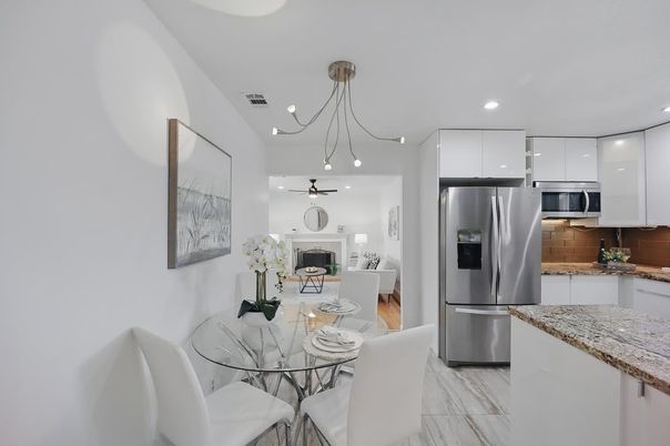 Dining room, Fireplace, Interior, Kitchen, Living room, Pendant Lights, Recessed Lighting, Stainless Steel Appliances