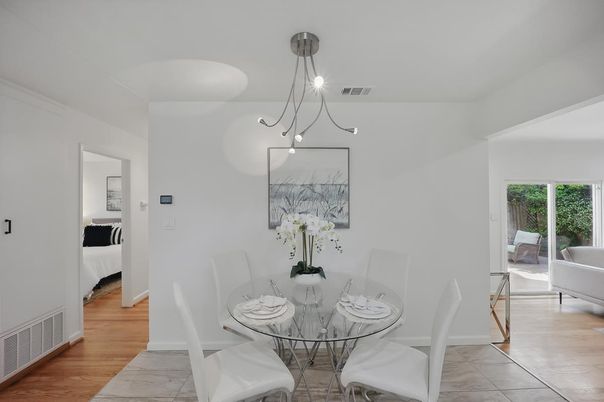 Dining room, Interior, Pendant Lights, Wood Texture Flooring