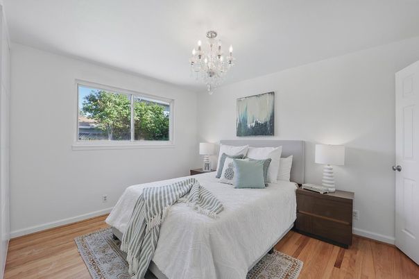 Bedroom, Chandelier, Interior, Wood Texture Flooring