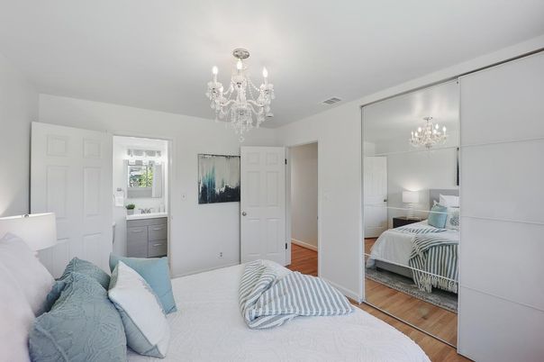 Bedroom, Chandelier, Interior, Wood Texture Flooring