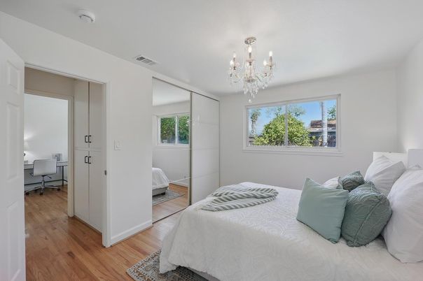 Bedroom, Chandelier, Interior, Wood Texture Flooring