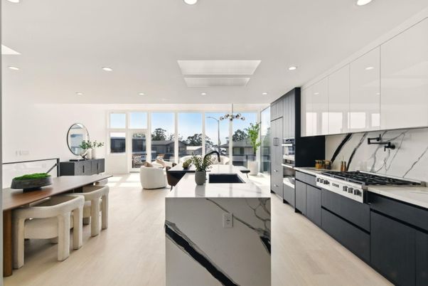 Dining room, Interior, Kitchen, Living room, Recessed Lighting, Stainless Steel Appliances, Wood Texture Flooring