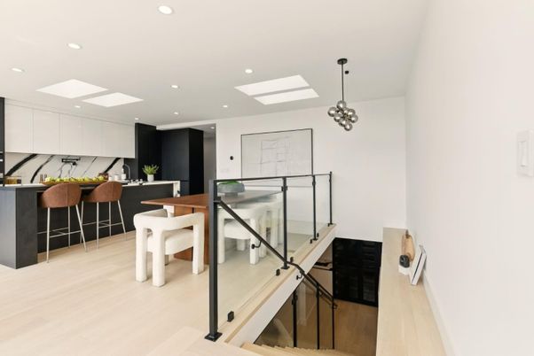 Dining room, Interior, Pendant Lights, Recessed Lighting, Wood Texture Flooring