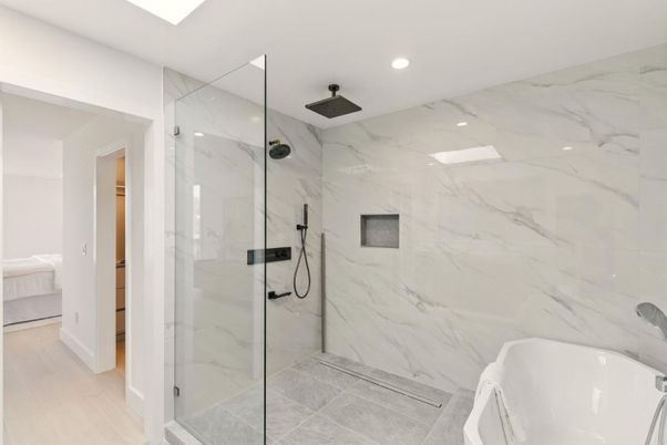 Bathroom, Glass Shower, Interior, Marble Walls, Recessed Lighting, Wood Texture Flooring