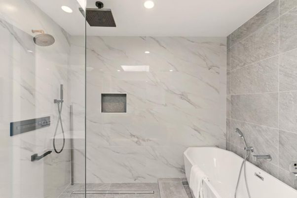 Bathroom, Glass Shower, Interior, Marble Walls, Recessed Lighting