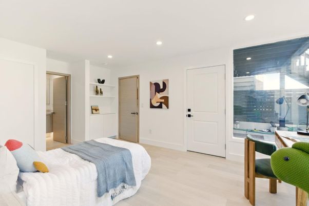 Bedroom, Interior, Recessed Lighting, Wood Texture Flooring