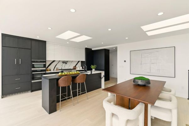 Dining room, Interior, Kitchen, Recessed Lighting, Stainless Steel Appliances, Wood Texture Flooring