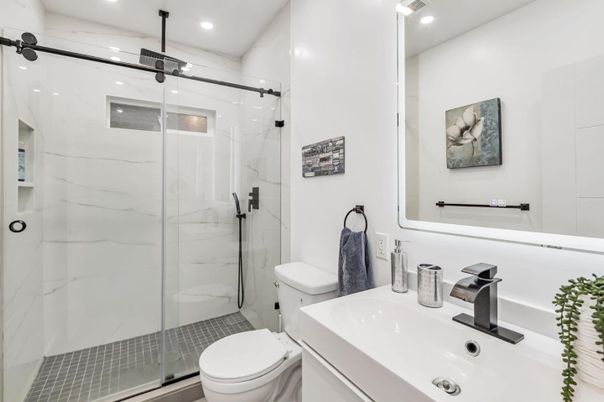 Bathroom, Glass Shower, Interior, Marble Walls, Recessed Lighting