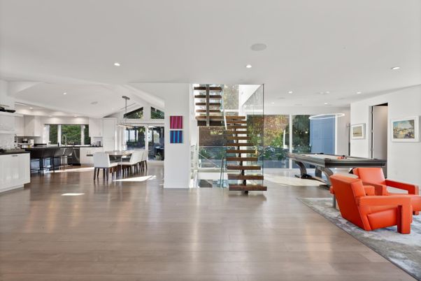 Billiard Table, Dining room, Game Room, Interior, Kitchen, Pendant Lights, Recessed Lighting, Wood Texture Flooring
