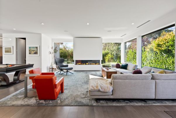 Billiard Table, Fireplace, Game Room, Interior, Living room, Recessed Lighting, Wood Texture Flooring