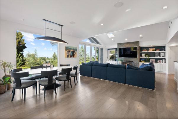 Dining room, Fireplace, Interior, Living room, Pendant Lights, Recessed Lighting, Stone Walls, Wood Texture Flooring