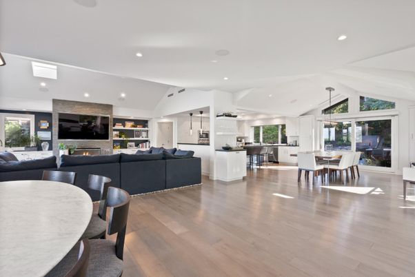 Dining room, Fireplace, Interior, Kitchen, Living room, Pendant Lights, Recessed Lighting, Wood Texture Flooring