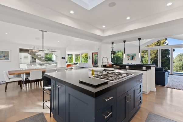 Dining room, Interior, Kitchen, Pendant Lights, Recessed Lighting, Wood Texture Flooring