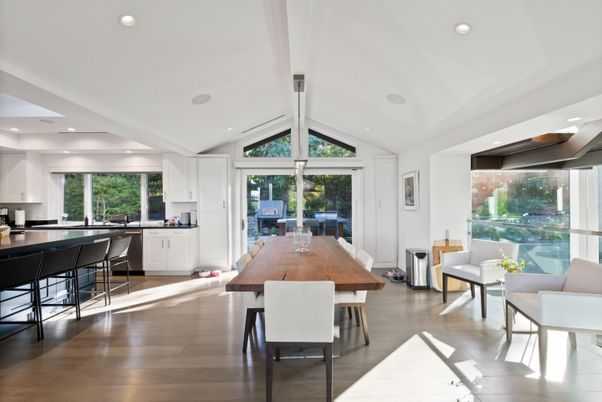 Dining room, Interior, Kitchen, Recessed Lighting, Wood Texture Flooring