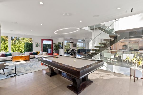 Billiard Table, Game Room, Interior, Living room, Pendant Lights, Recessed Lighting, Wood Texture Flooring