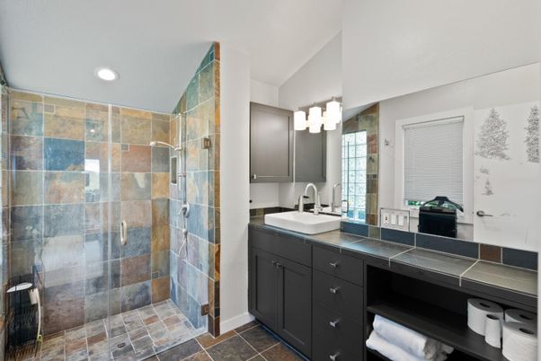 Bathroom, Dual Sink Vanities, Glass Shower, Interior, Recessed Lighting, Tile Countertops