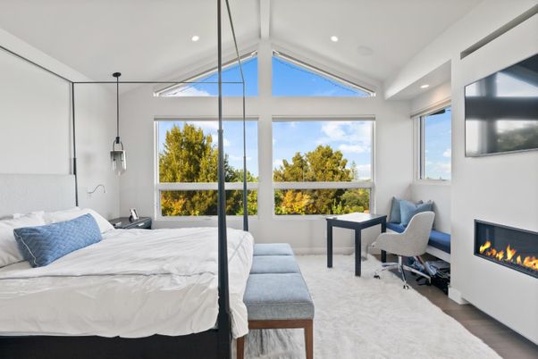 Bedroom, Fireplace, Interior, Pendant Lights, Recessed Lighting, Wood Texture Flooring