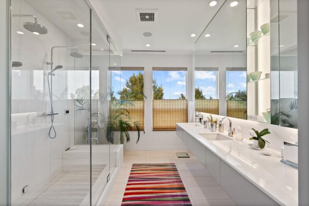 Bathroom, Dual Sink Vanities, Glass Shower, Interior, Recessed Lighting