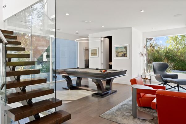 Billiard Table, Game Room, Interior, Pendant Lights, Recessed Lighting, Wood Texture Flooring