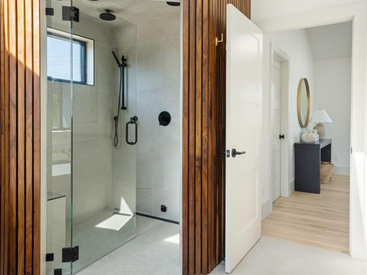 Bathroom, Glass Shower, Interior, Wood Texture Flooring