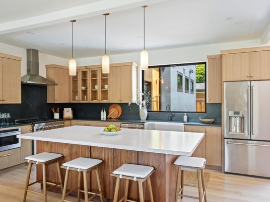 Interior, Kitchen, Pendant Lights, Recessed Lighting, Stainless Steel Appliances, Wood Texture Flooring
