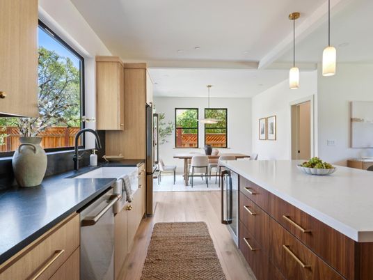 Dining room, Interior, Kitchen, Pendant Lights, Recessed Lighting, Stainless Steel Appliances, Wood Texture Flooring