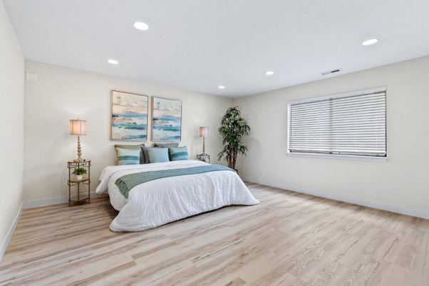 Bedroom, Interior, Recessed Lighting, Wood Texture Flooring