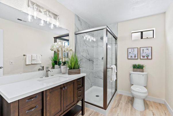 Bathroom, Glass Shower, Interior, Marble Walls, Wood Texture Flooring