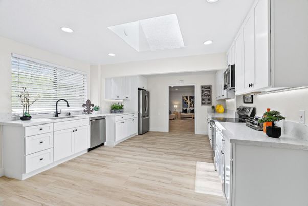 Interior, Kitchen, Recessed Lighting, Stainless Steel Appliances, Wood Texture Flooring