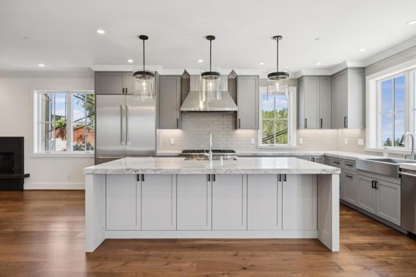 Interior, Kitchen, Pendant Lights, Recessed Lighting, Stainless Steel Appliances, Wood Texture Flooring