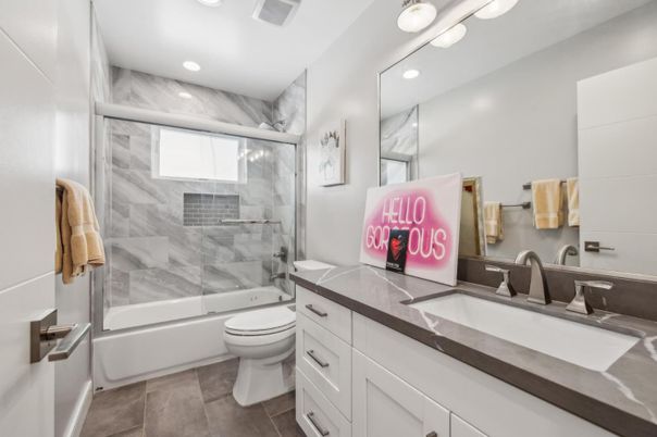 Bathroom, Glass Shower, Interior, Marble Walls, Recessed Lighting