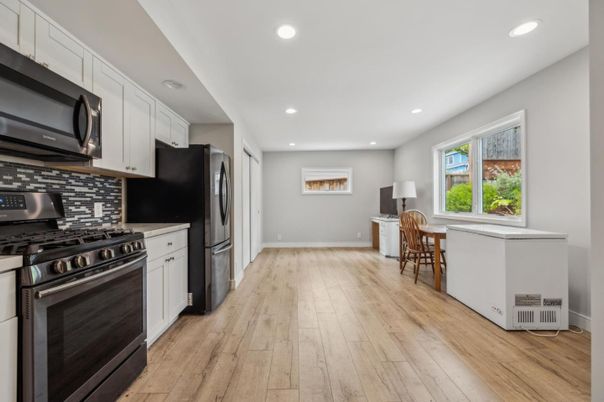 Interior, Kitchen, Recessed Lighting, Stainless Steel Appliances, Wood Texture Flooring