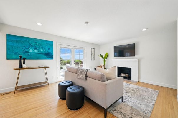 Fireplace, Interior, Living room, Recessed Lighting, Wood Texture Flooring