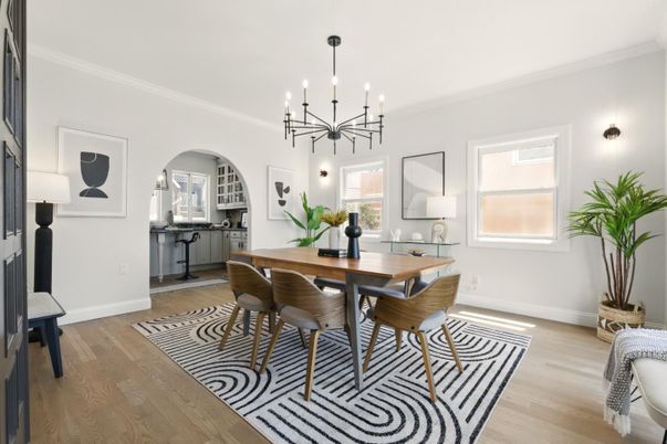 Dining room, Interior, Pendant Lights, Wood Texture Flooring