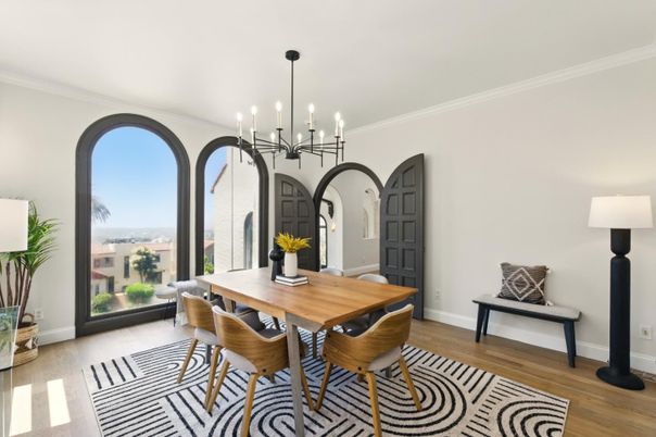 Dining room, Interior, Pendant Lights, Wood Texture Flooring