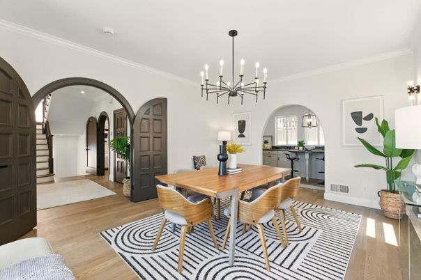Dining room, Interior, Pendant Lights, Recessed Lighting, Wood Texture Flooring