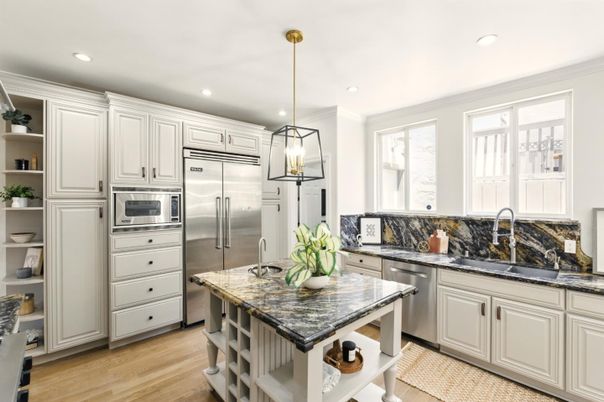 Interior, Kitchen, Pendant Lights, Recessed Lighting, Stainless Steel Appliances, Wood Texture Flooring