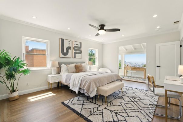 Bedroom, Interior, Recessed Lighting, Wood Texture Flooring