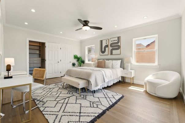 Bedroom, Interior, Recessed Lighting, Wood Texture Flooring