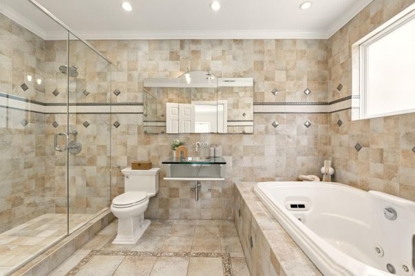 Bathroom, Glass Shower, Interior, Recessed Lighting, Stone Walls