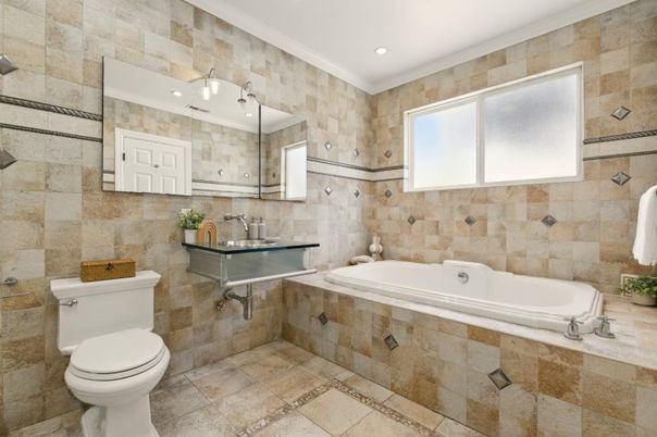 Bathroom, Interior, Recessed Lighting, Stone Walls
