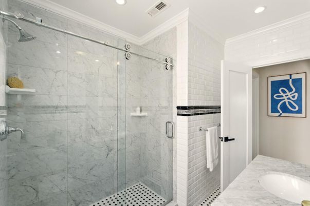 Bathroom, Glass Shower, Interior, Marble Walls, Recessed Lighting