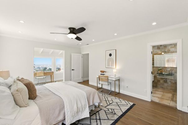 Bedroom, Interior, Recessed Lighting, Wood Texture Flooring