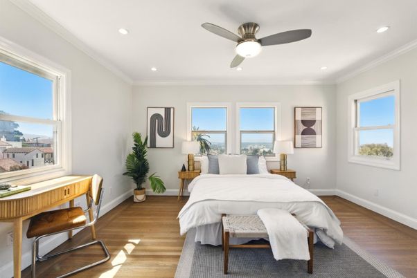 Bedroom, Interior, Recessed Lighting, Wood Texture Flooring
