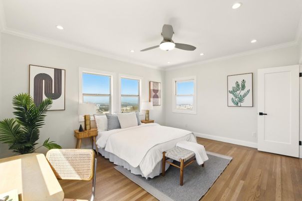 Bedroom, Interior, Recessed Lighting, Water, Wood Texture Flooring
