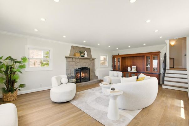 Fireplace, Interior, Living room, Recessed Lighting, Wood Texture Flooring