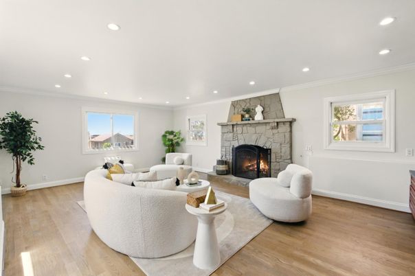 Fireplace, Interior, Living room, Recessed Lighting, Wood Texture Flooring