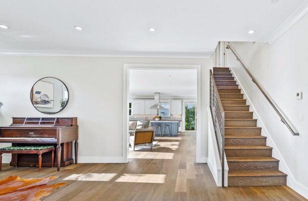 Interior, Kitchen, Pendant Lights, Piano, Recessed Lighting, Wood Texture Flooring