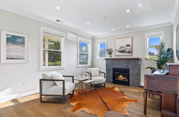 Fireplace, Interior, Living room, Recessed Lighting, Wood Texture Flooring