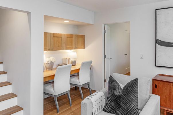 Dining room, Interior, Recessed Lighting, Wood Texture Flooring